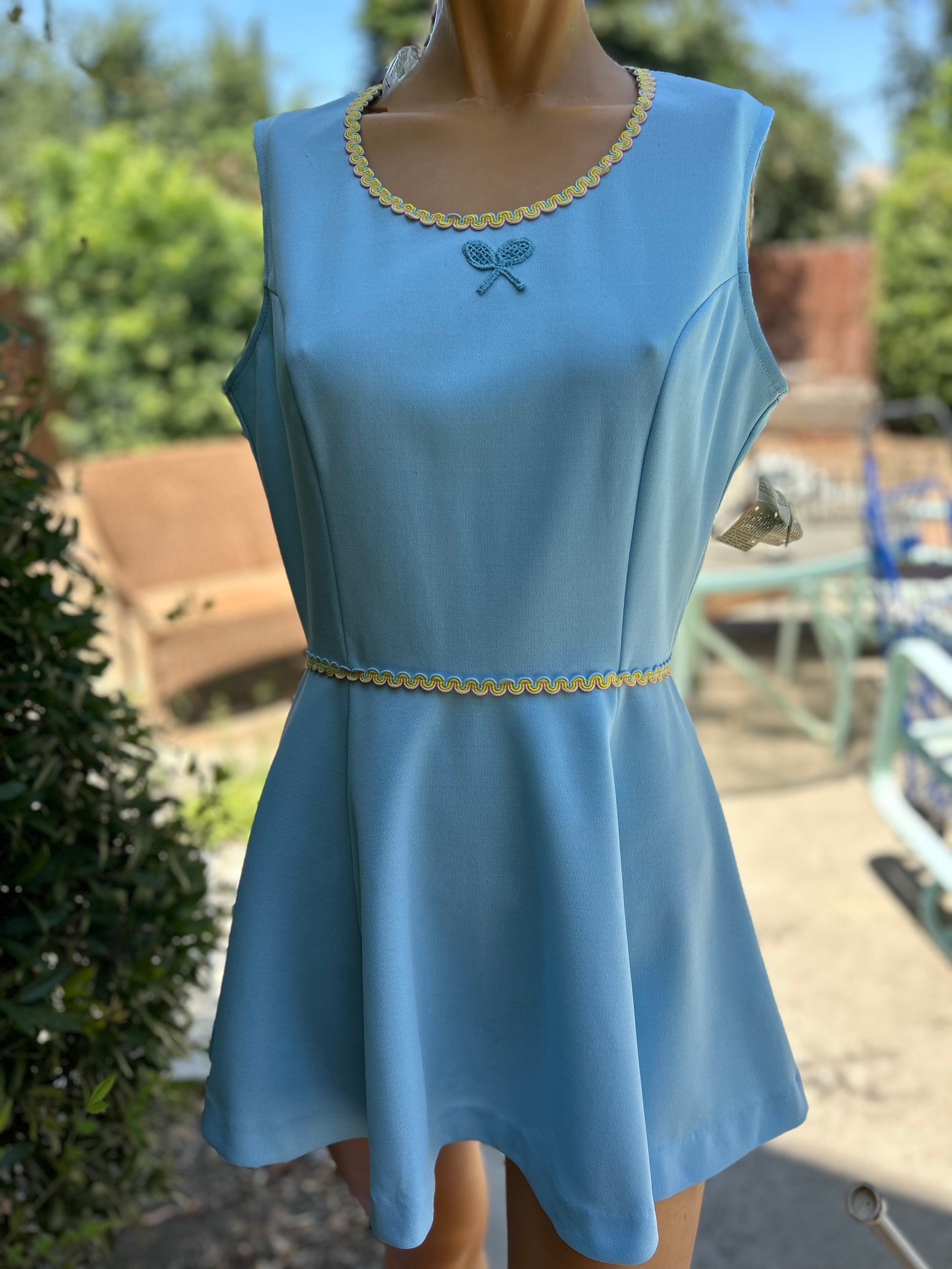 Vintage 1970s New Old Stock w Hangtags Polyester Baby Blue Tennis Dress Size 16 Bust 38"