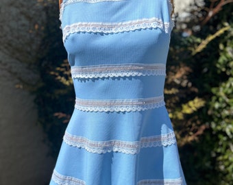 Vintage 1970s Baby Blue Polyester & Lace Tennis Dress Made by Rhia Size 11-12  Bust 34”