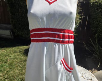Vintage 1970s  White Polyester Tennis Dress.Made by Chris Evert Red Stripe Trim Size 10 Bust 32"