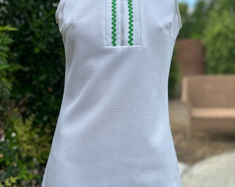 Vintage 1970s Polyester Jantzen Tennis Dress with Green Rick Rack Trim Size 10 Bust 34”