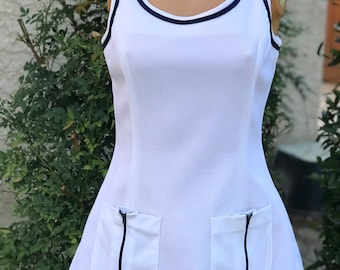 Vintage 1970s Regency Brand White Polyester Tennis Dress w Navy Blue piping Trim Zipper Pockets Size 10 Bust 34” Dress # 2