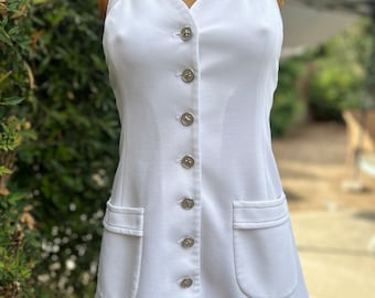 Vintage 1970s Top Seed White Halter Tennis Dress w Navy Blue Stitching Bust 32”