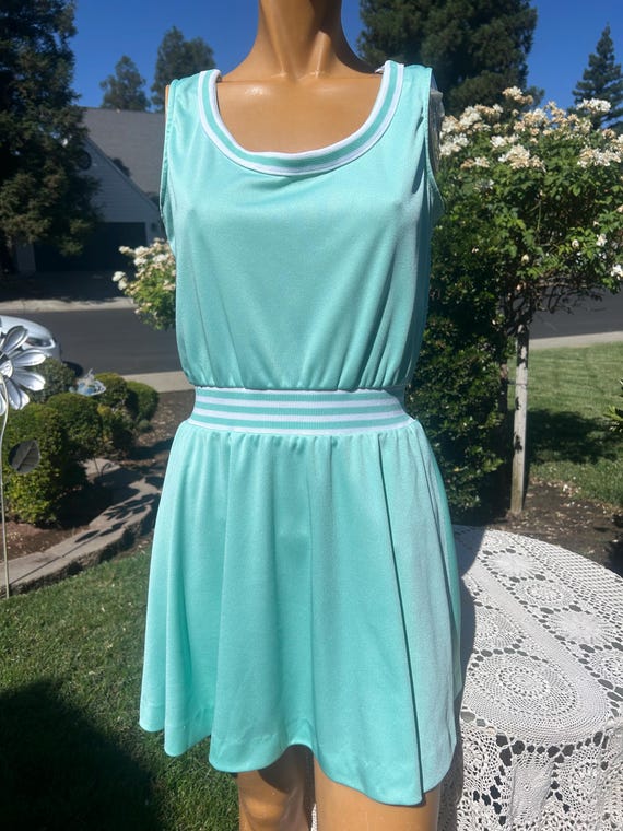 Vintage 1970s Seafoam Green Colored Loomtogs Brand Polyester Tennis Dress w Stripe Elastic Waist Bust 38"