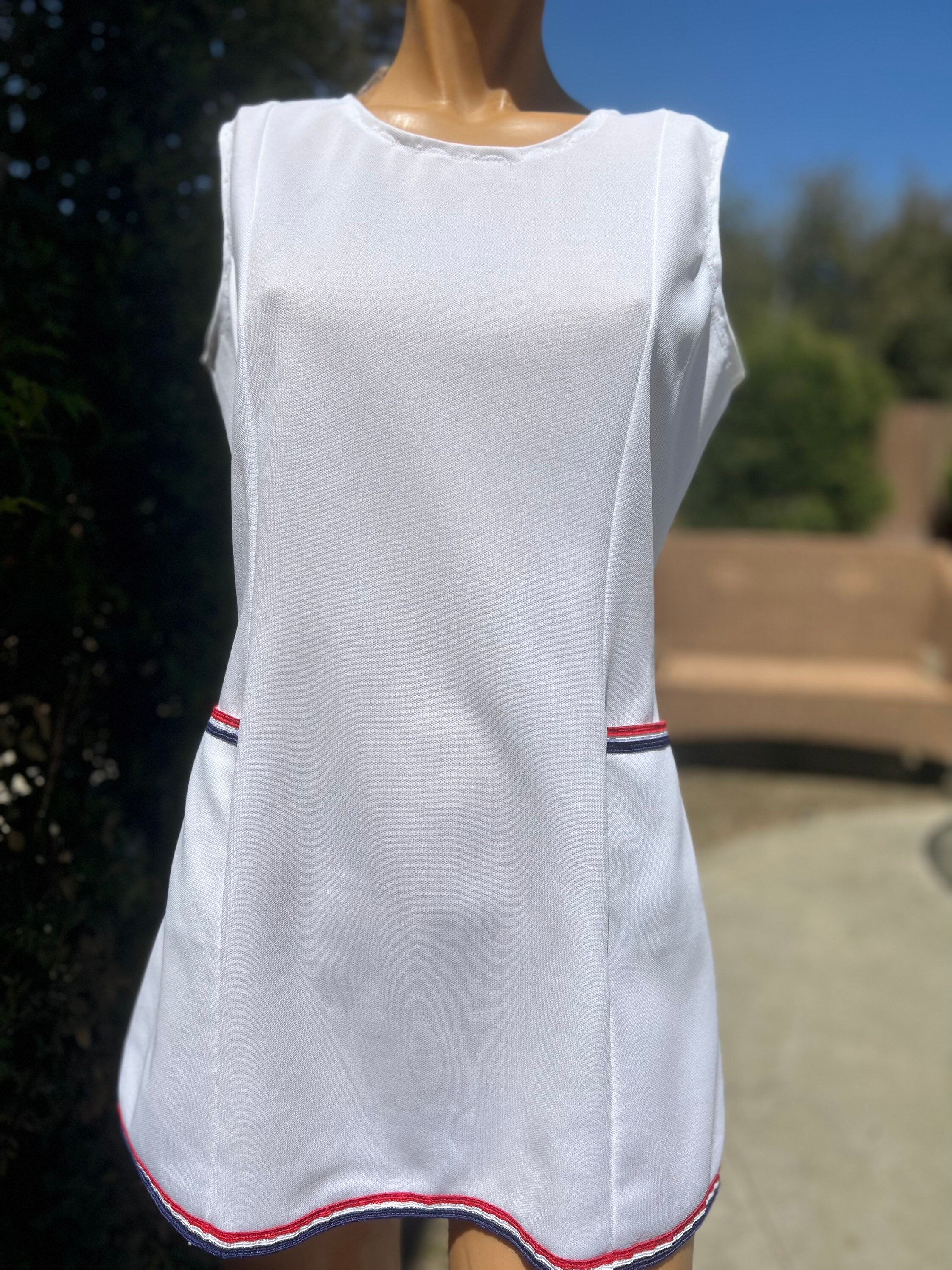 retro tennis dress Fila Doren L White Pinstripe Pickleball Golf 19" P2P roomy front pockets Cinder Vintage Tennis Dress S/M