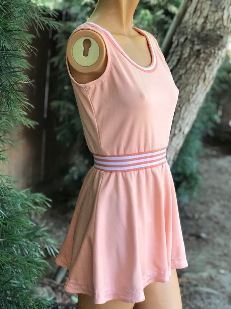 Vintage 1970s Peach Polyester Tennis Dress w Striped Waistband and Trim Made by Loomtogs