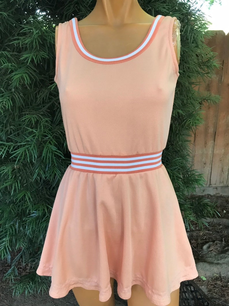 Vintage 1970s Peach Polyester Tennis Dress w Striped Waistband and Trim Made by Loomtogs
