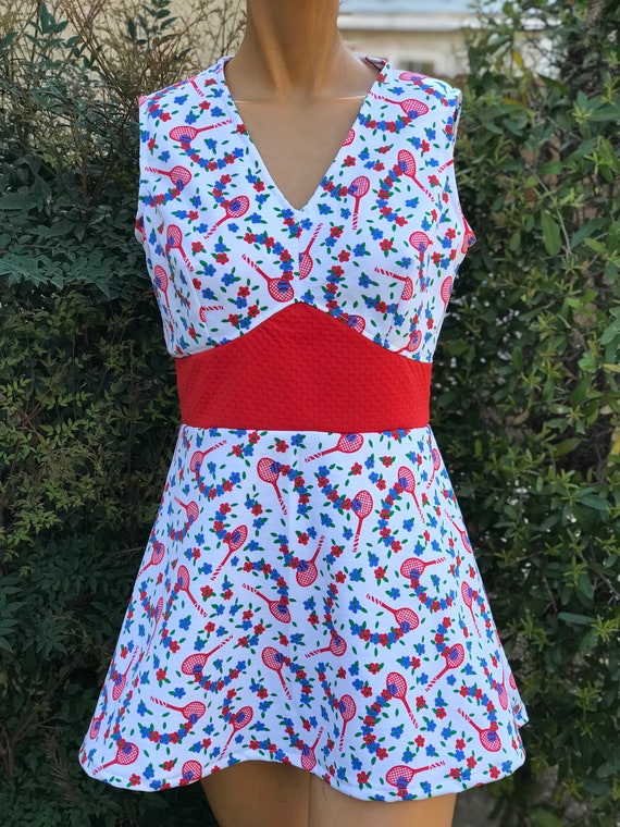 Vintage 1970s Polyester Tennis Dress w Tennis Rac… - image 1