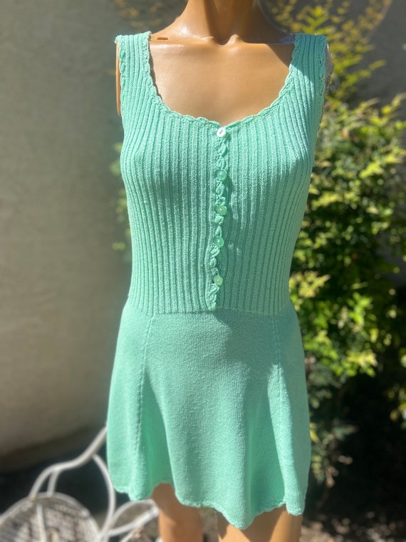 Vintage 1970s Knit Seafoam Green Tennis Dress Bus… - image 1