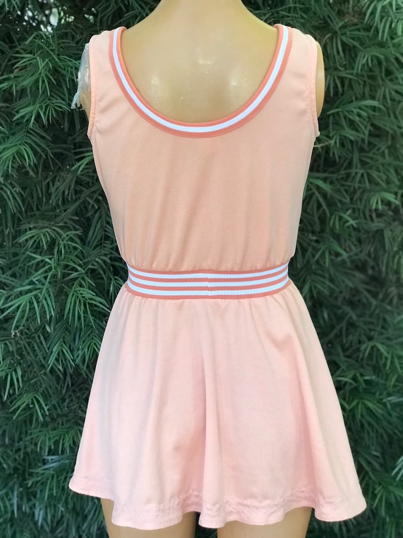 Vintage 1970s Peach Polyester Tennis Dress w Striped Waistband and Trim Made by Loomtogs
