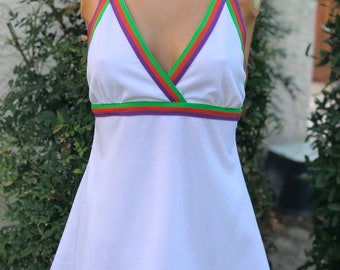 Vintage 1970s New Old Stock w Hangtags White Polyester Tennis Dress w Colorful Criss Cross Back Straps Size 12 Bust 32”