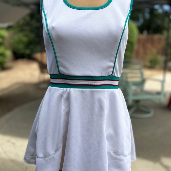 Vintage 1970s White Polyester Tennis Dress w Teal Green Stripe Elastic Waist Bust 32” Made by Top Seed