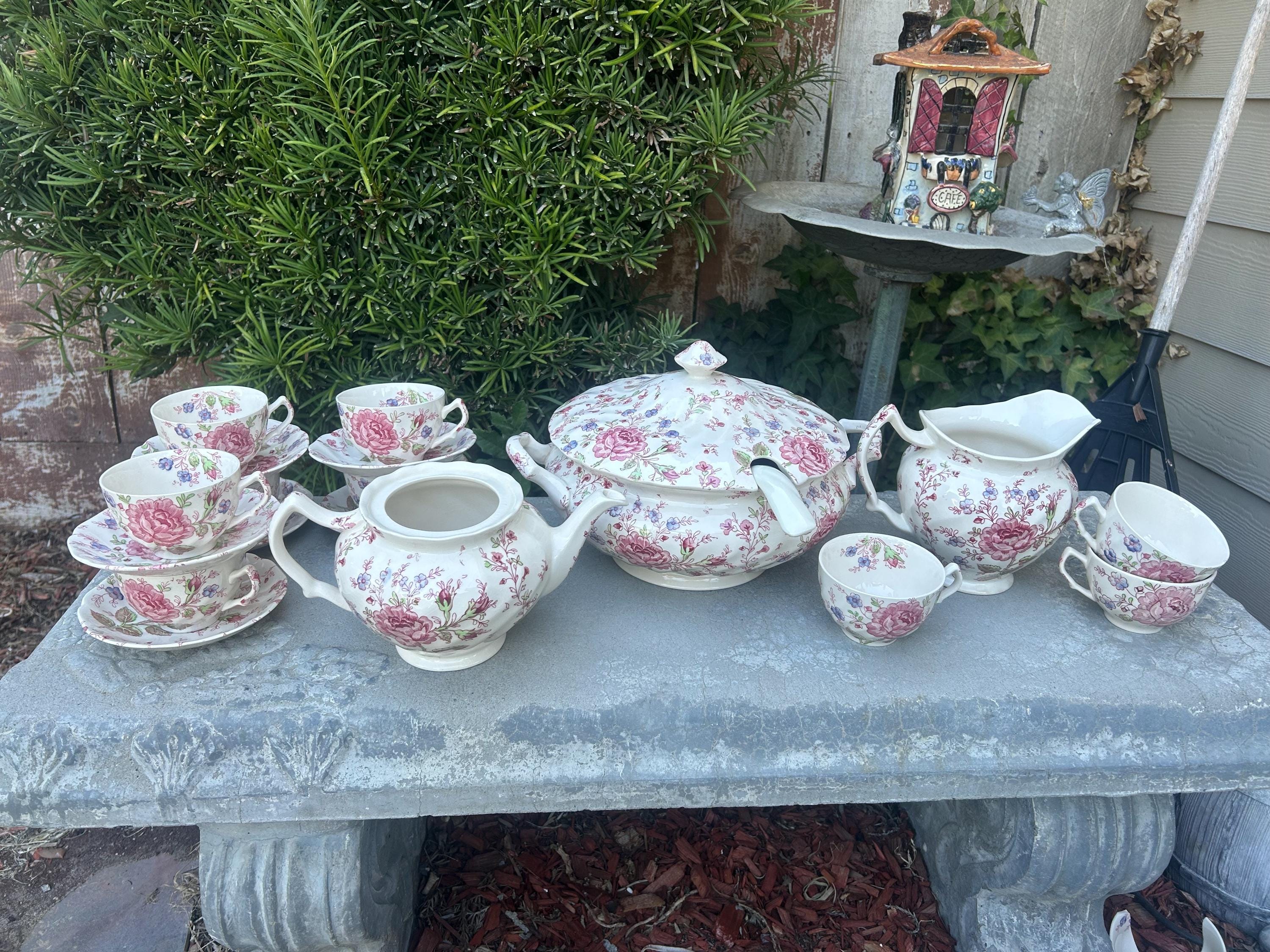 Vintage Johnson Brothers Ironstone Rose Chintz Teapot, Pitcher