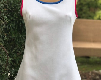 Vintage 1970s Number One in the Sun Polyester Tennis Dress w Pink , Blue , & Orange Trim Bust 34”