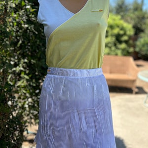 Vintage Ellesse 2 Piece White Satin Tennis Skirt With Matching Top in Yellow & Baby Blue Size 10