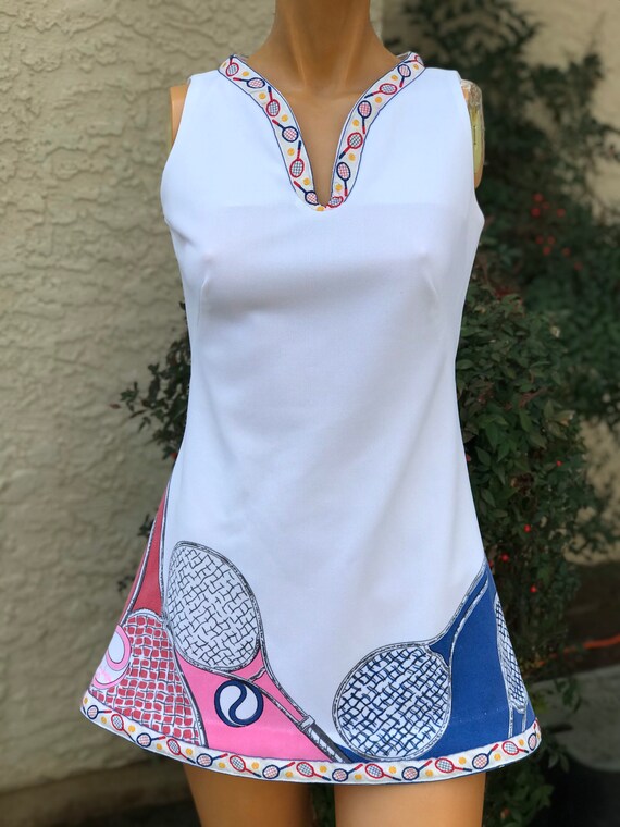 Vintage 1970s Polyester Tennis Dress w Tennis Rac