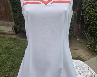 Vintage 1970s Haymaker Brand White Polyester Tennis Dress w Aztec Design Bodice Bust 36" Size 10