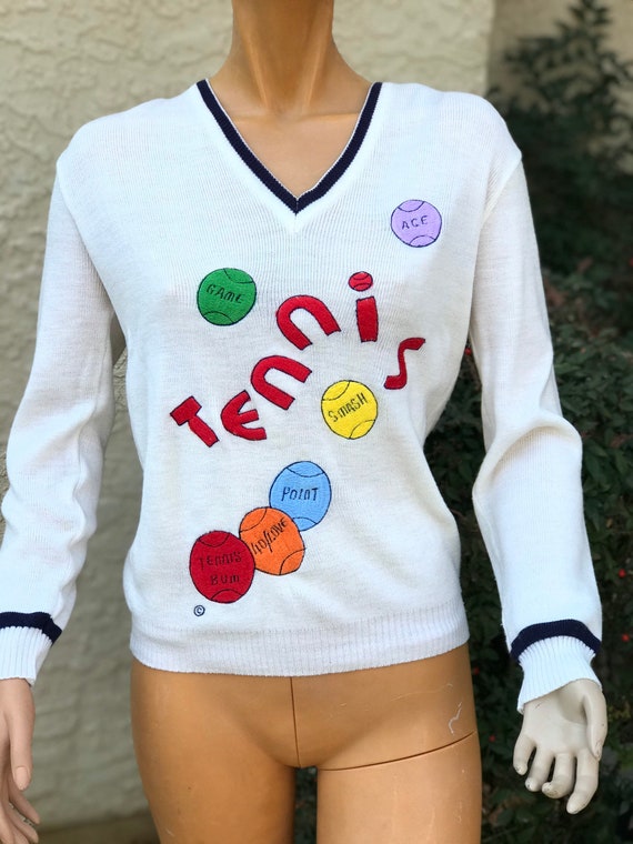 Vintage 1970s White Knit Tennis Sweater w Tennis B