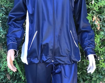 Vintage 1970s Chris Evert Polyester 2 Piece Tennis Warm up Set. Jogging Suit Royal Navy Blue Color Zip Jacket White Terry Cloth Sides