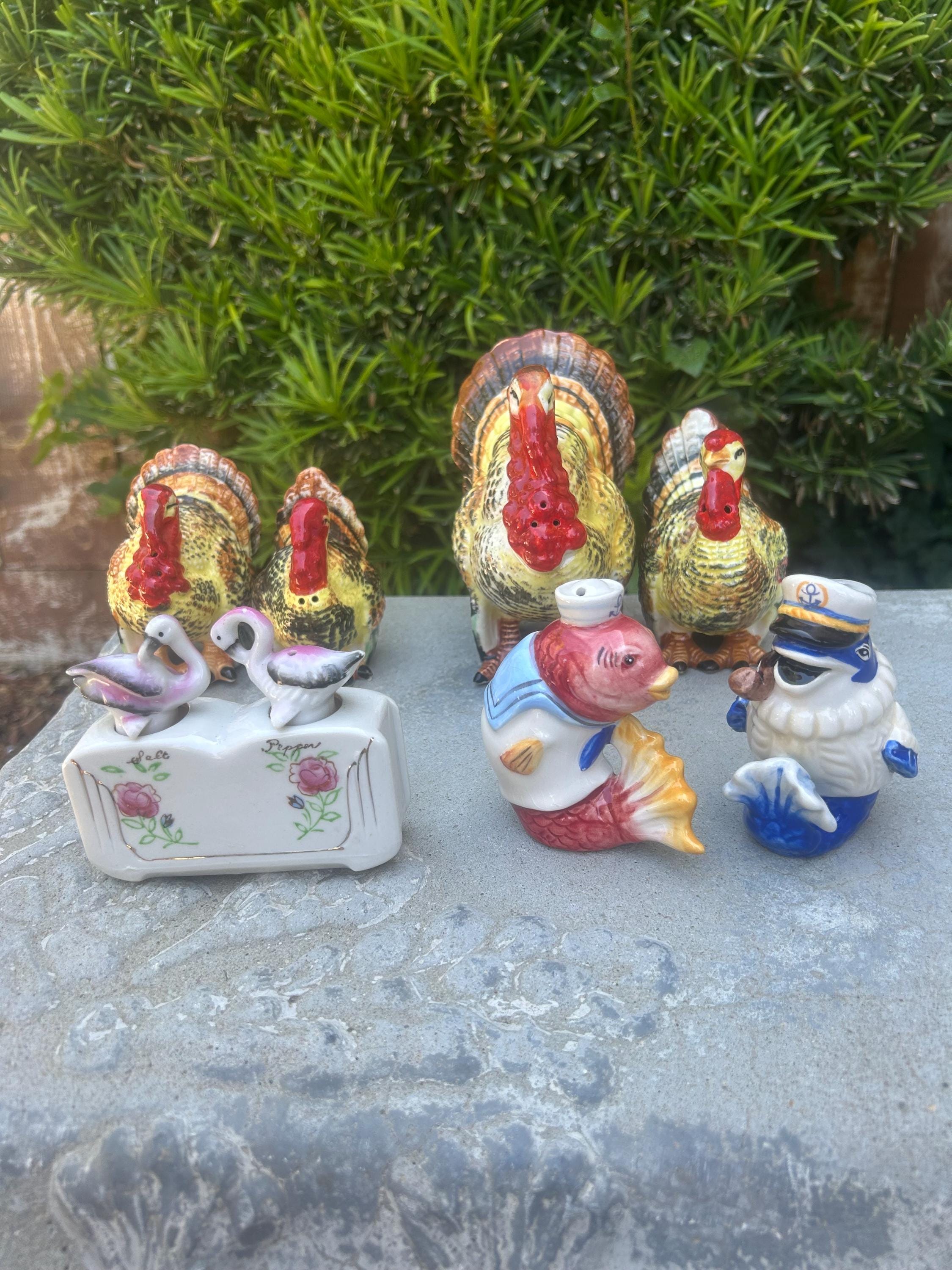 Vintage Salt and Pepper Shakers 2 Size Turkeys, Flamago , Anthropomorphic Fish Sold Individually