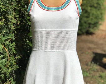 Vintage 1970s Net Knits White Poly Cotton Tennis Dress Open Weave Waist Bust 34”