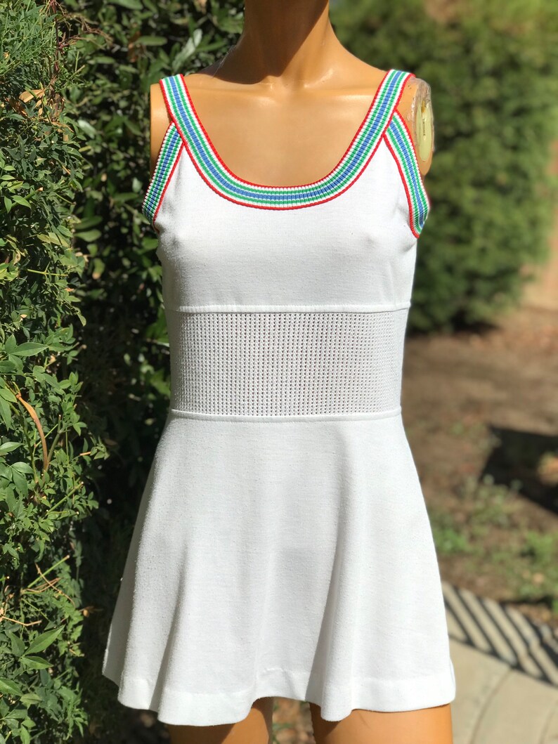 Vintage 1970s Net Knits White Poly Cotton Tennis Dress Open Weave Waist Bust 34 Etsy