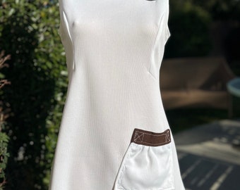 Vintage 1970s Polyester Tennis Dress w Brown Accents & Fancy Stitching Made by Kim Morgen Bust 36”