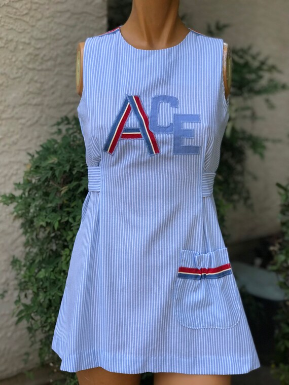 Vintage 1970s Blue Stripe Tennis Dress w Ace Appli