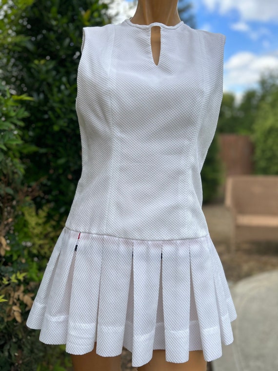 Vintage 1970s Polyester Tennis Dress with Hidden Red White & Blue Trim In Pleat Bust 34"