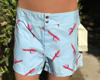Vintage New Old Stock w Hangtags Mens Stubbies Brand Cotton Shorts Size 34 36 Blue Art Deco Print