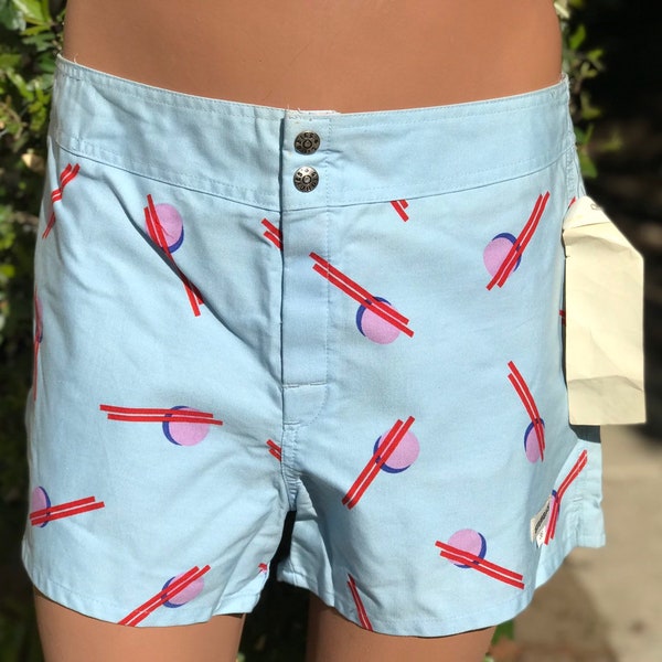 Vintage New Old Stock w Hangtags Mens Stubbies Brand Cotton Shorts Size 34 36 Blue Art Deco Print