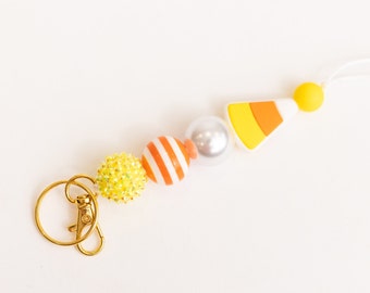 Halloween Candy Corn Teacher Beaded Lanyard | ID Badge Lanyard | Silicone, Acrylic | Breakaway Lanyard Necklace | Fall, Halloween Lanyard