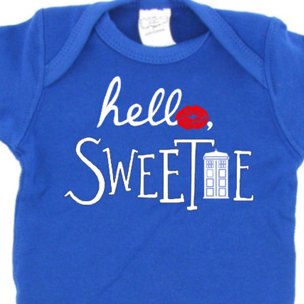 Baby-Adult Sizes | Multi Colors | Boy Girl | Hello, Sweetie | Blue Police Box Red Lipstick Kiss | Geeky Onesie | River | Shower Cute Gift