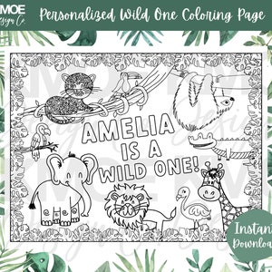 Wild One Birthday Personalized Coloring Page Safari Birthday First Birthday Custom Safari Birthday Party Coloring Book Animals Zoo