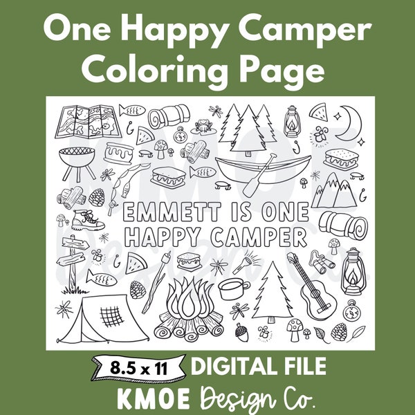 Camping Birthday Camping Coloring page One Happy Camper Camping Birthday First Birthday Custom 1st Birthday Party Kids Activity Printable