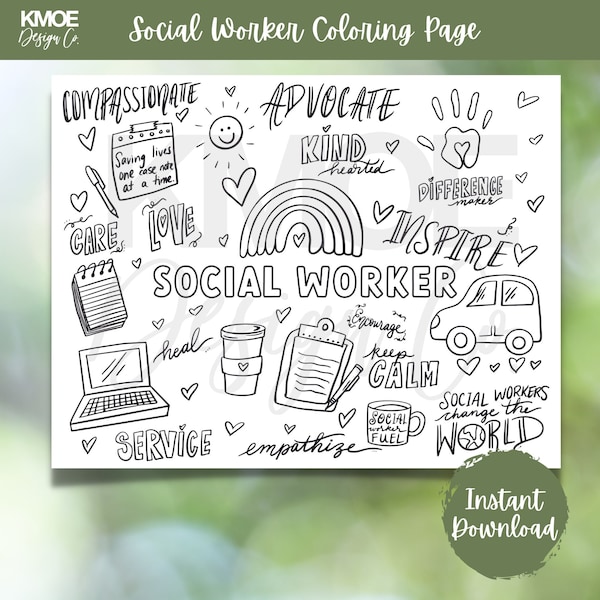 Social Worker Coloring Page Printable Counseling Counselor MSW adult coloring page School Social Worker Digital Download Instant Career