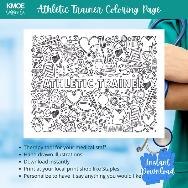 Athletic trainer Sports Medicine Coloring Page DIGITAL DOWNLOAD medical coloring medicine doodle printable healthcare physical therapy