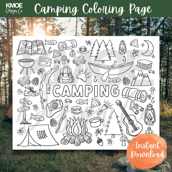 Camping Summer Coloring Pages for kids printable coloring pages doodle coloring book summer kids activity smores fishing summer camp fish