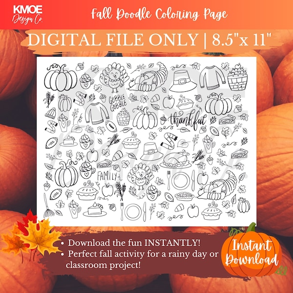 Fall Coloring Page Fall Doodle Pumpkin patch Autumn Sweater Pumpkin Apples Thanksgiving Scarf Pie Turkey Football Leaves Acorn Leaves