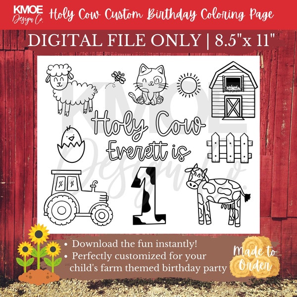 Farm Coloring Page Holy Cow Birthday First Birthday 1st Birthday Party Farm Cow Sheep Barn Cat Sun Tractor Chick Country Farm Printable