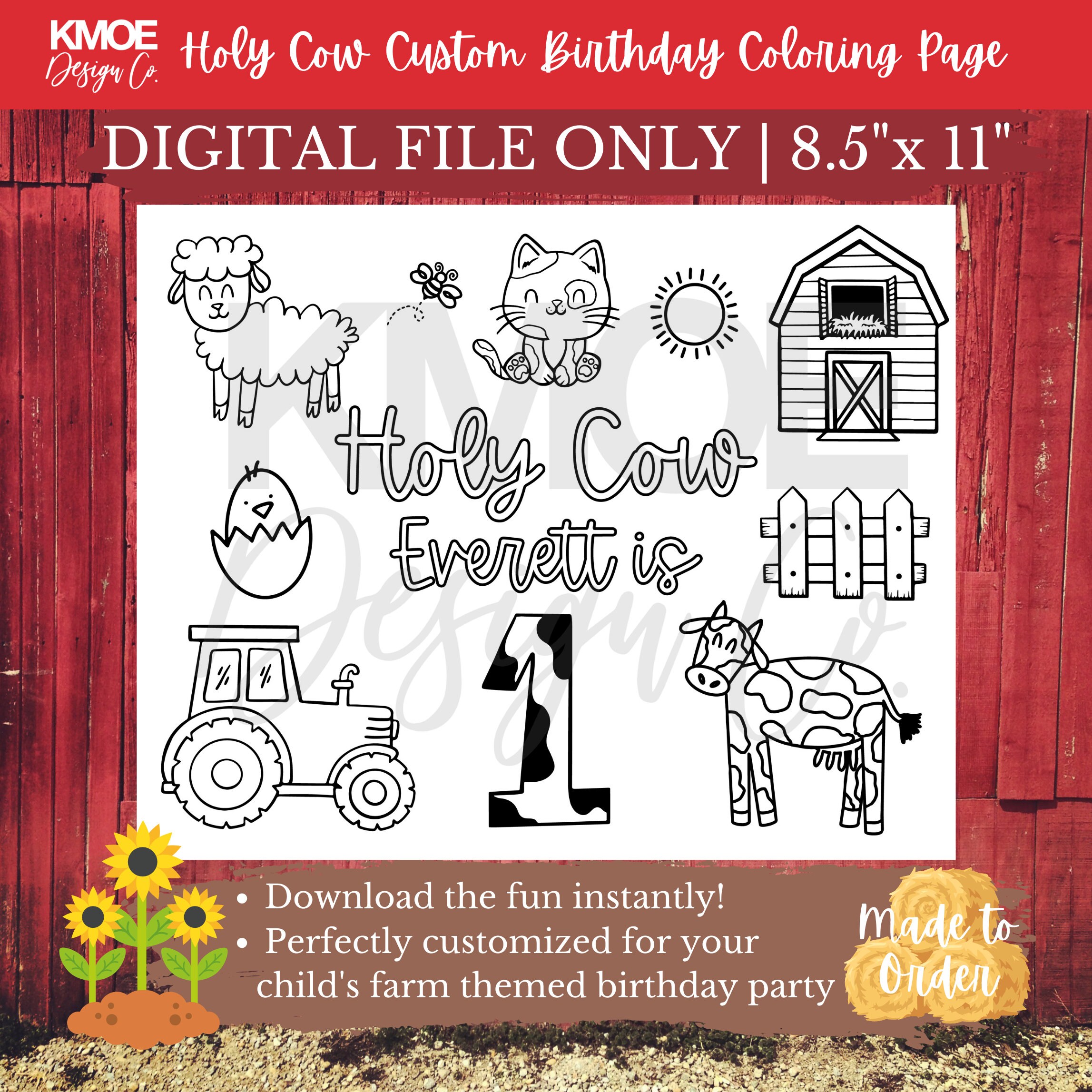 Farm Coloring Page Holy Cow Birthday First Birthday 1st Birthday Party ...