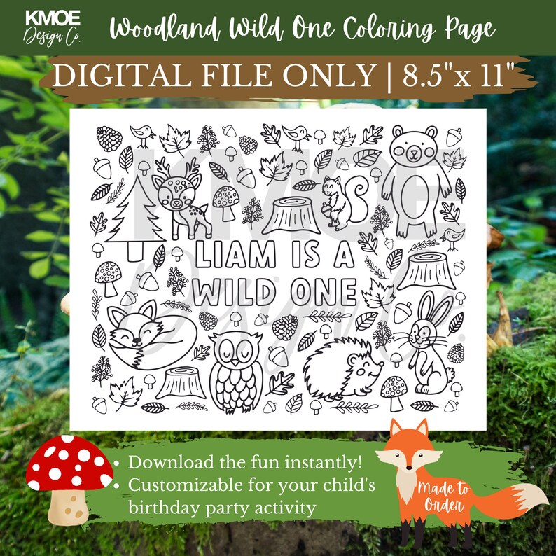 Woodland Wild One Birthday Personalized Coloring Page Fox - Etsy