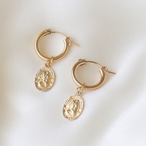 St Christopher Coin Hoop Earrings - Small Gold Hoop Earrings, Coin Earrings, Hoop Earrings with Charm, Gold Hoop earrings |GFE00022