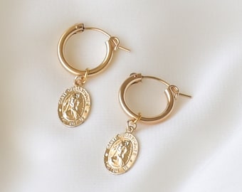 St Christopher Coin Hoop Earrings - Small Gold Hoop Earrings, Coin Earrings, Hoop Earrings with Charm, Gold Hoop earrings |GFE00022