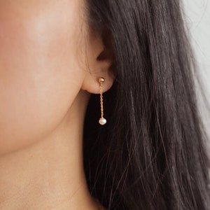 Small Pearl Drop Earrings - 14K Gold Filled Pearl Earrings, Pearl Chain Earrings, Real Pearl Earrings, Elegant Earrings |GFE00051