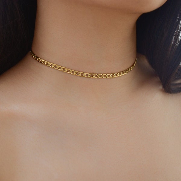 Gold Chain Choker - thick curb chain necklace, gold curb chain,  gold choker, choker necklace, chain choker, simple choker, |GPN00009