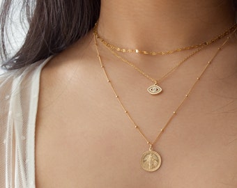 Gold Filled Round Virgin Mary Necklace - Mary Coin Pendant, Mary Medallion, Gold Coin Necklace, Coin Pendant, Gold Filled Medallion|GFN00027