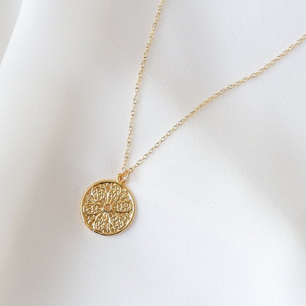 Filigree Coin Necklace - coin pendant, coin necklace, ornate pendant, circle necklace, trendy necklace, gold pendant |GPN00018