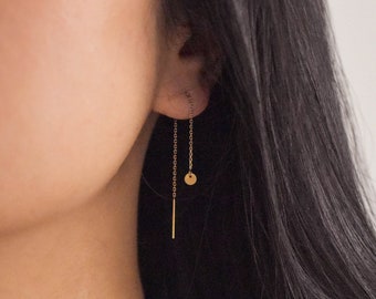 14K SOLID Gold Threader Earrings - 14k gold threader earrings, Real Gold Threader Earrings, Real Gold earrings, 14k drop earrings |SGE00006