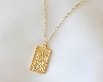 St Christopher Necklace - Gold St Christopher Medallion, gold square medallion, st christopher necklace, st christopher pedant |GFN00039