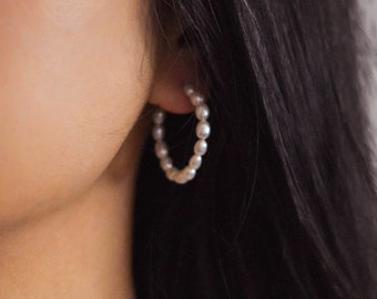 Pearl Hoop Earrings - freshwater pearl earrings, pearl hoops, real pearl earrings, oval pearl hoop earrings, real pearl hoops |GFE00058